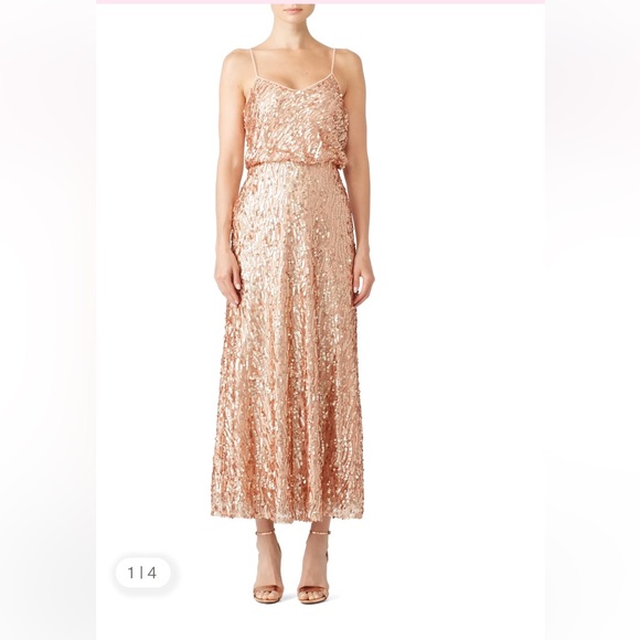 Donna Morgan Rose Gold Sequin Blouson Top Maxi Gown, See Measurements - Picture 1 of 9